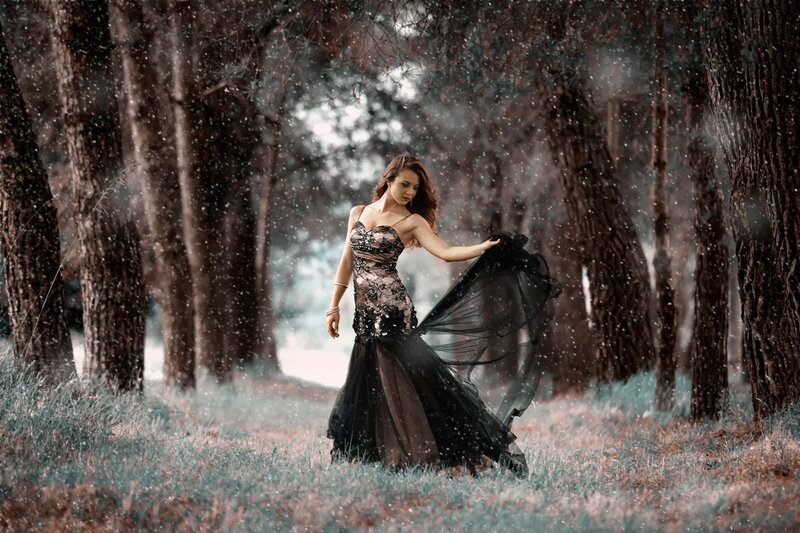 Woman in Black Dress — Dramatic, Winter, Photograph, Forest, Trees