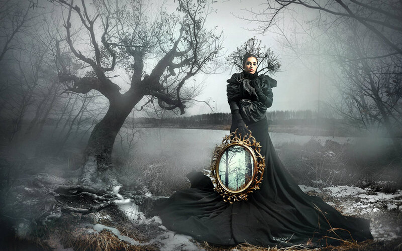 Woman in Black Dress — Dramatic, Winter, Photograph, Mirror