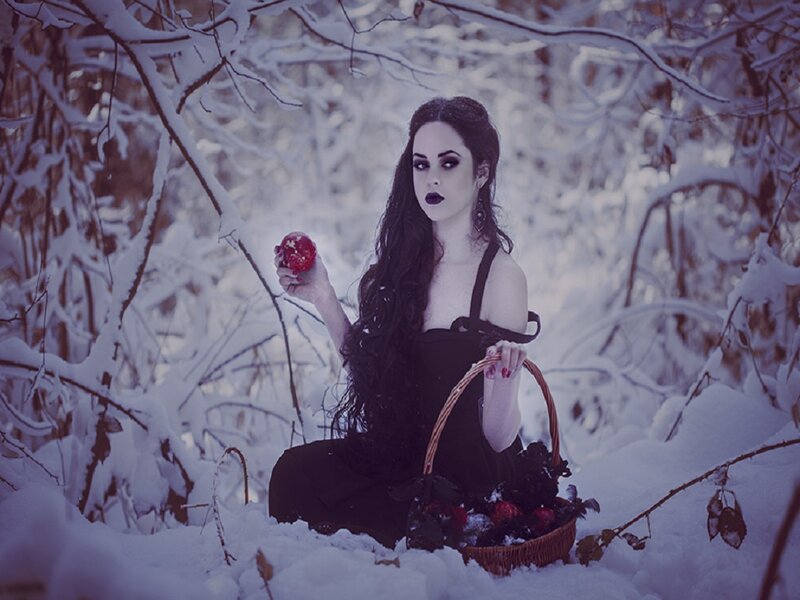 Woman in Black Dress — Dramatic, Winter, Photograph, Red Apple