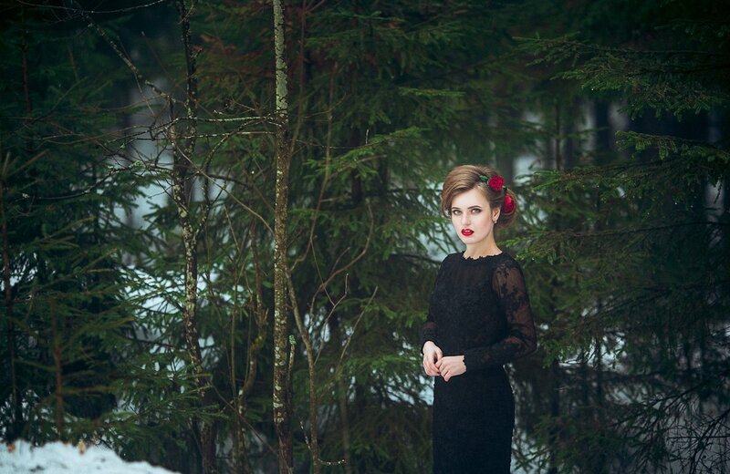 Woman in Black Dress — Dramatic, Winter, Photograph, Red Rose