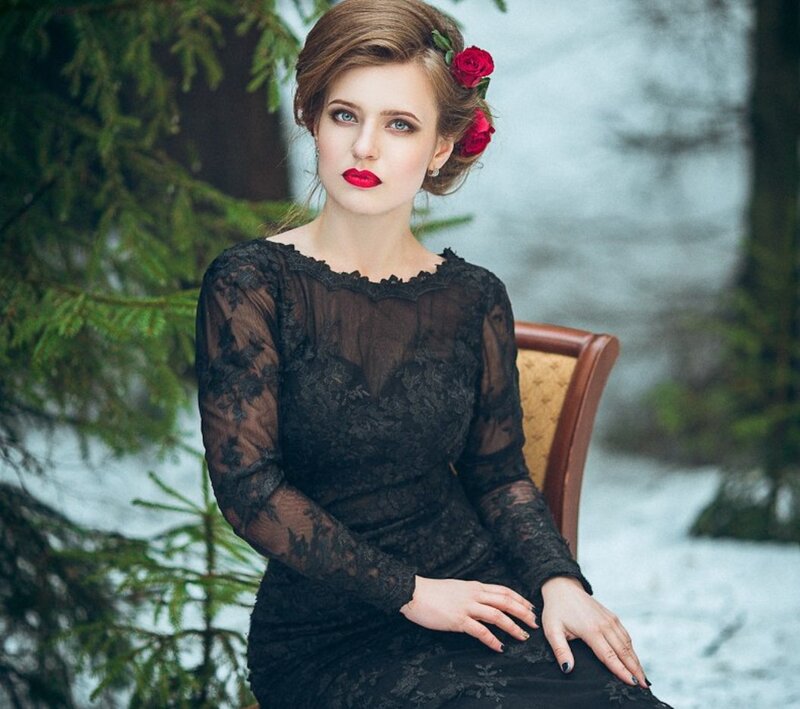Woman in Black Dress — Dramatic, Winter, Photograph, Rose
