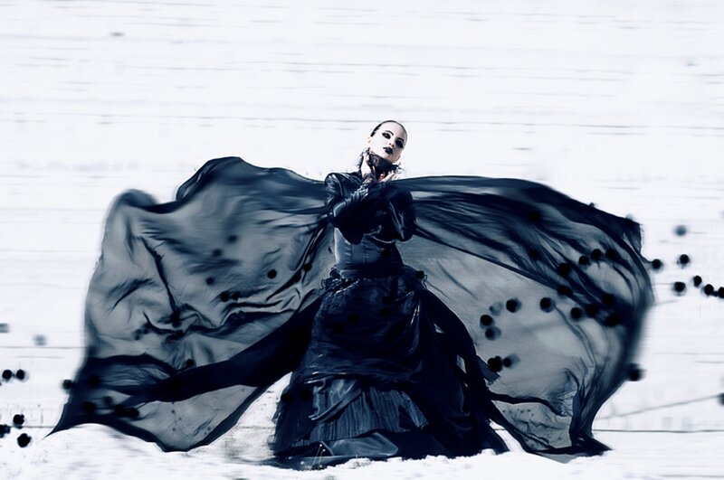 Woman in Black Dress — Dramatic, Winter, Photograph, Snow, Black Dots
