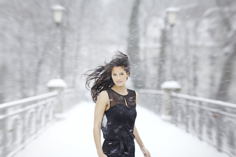 Woman in Black Dress — Dramatic, Winter, Photograph, Snow, Bridge
