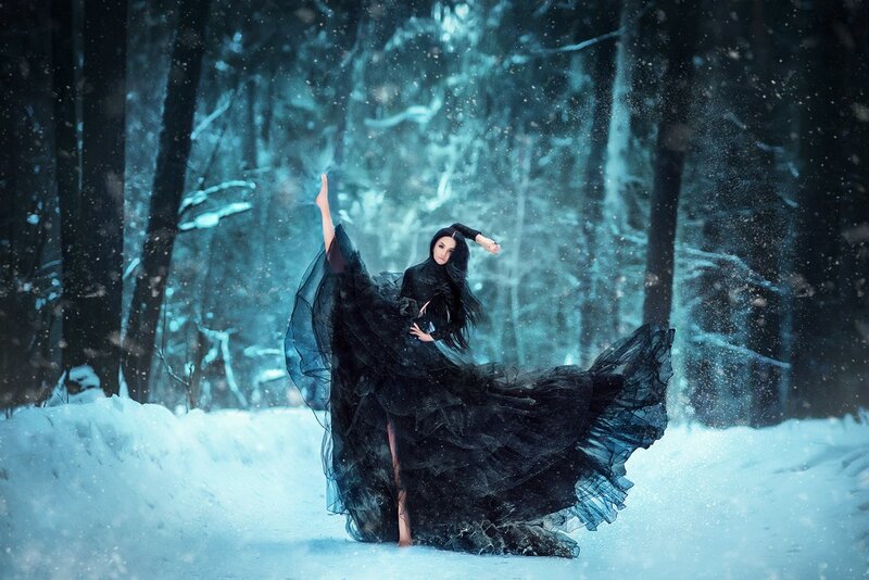Woman in Black Dress — Dramatic, Winter, Photograph, Snow, Forest, Dancing