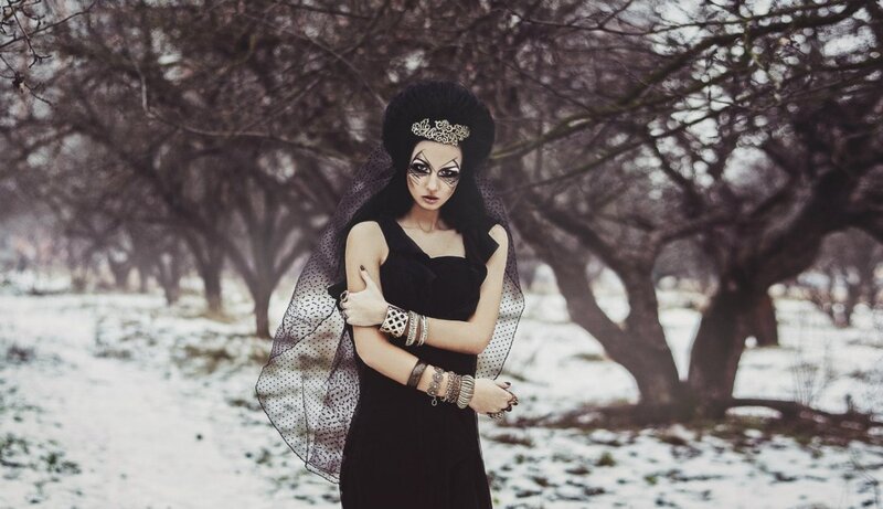 Woman in Black Dress — Dramatic, Winter, Photograph, Veil