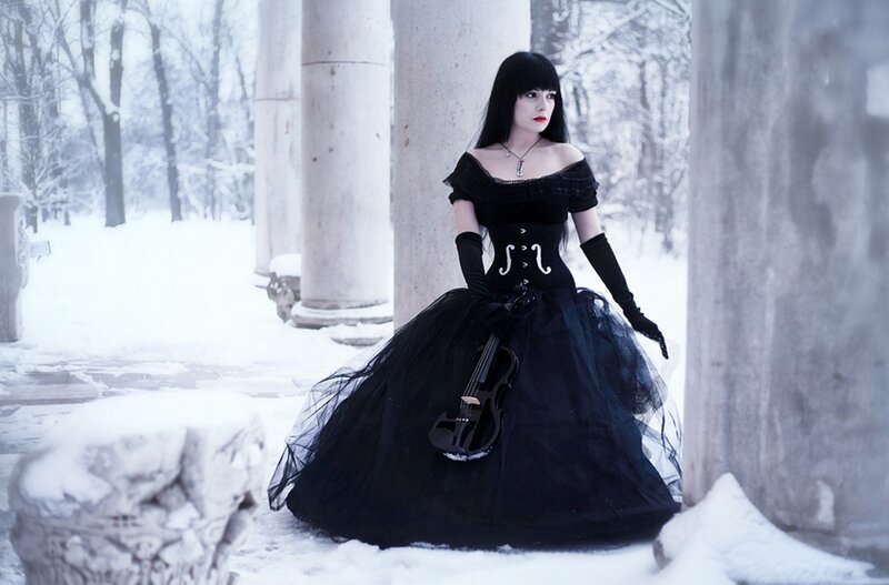 Woman in Black Dress — Dramatic, Winter, Photograph, Violin