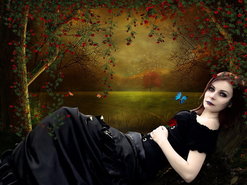 Woman in Black Dress — Dreamy, Sunset, Digital Art, Butterflies