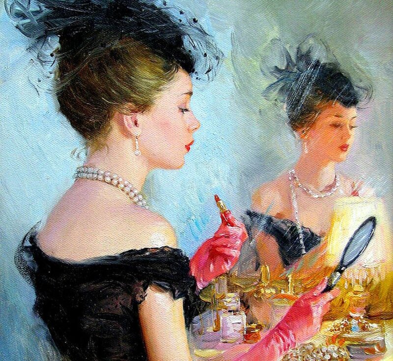 Woman in Black Dress — Elegant, Painting, Mirror