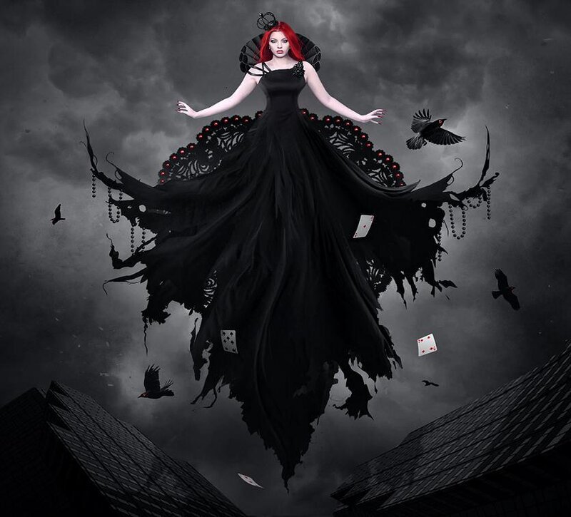 woman in black dress floating