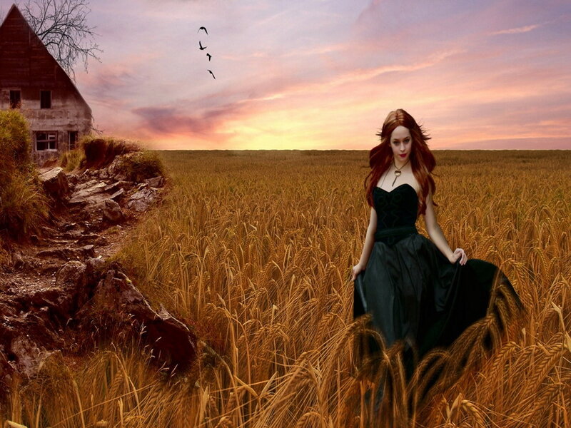 Woman in Black Dress — Gold, Dramatic, Sunset, Digital Art