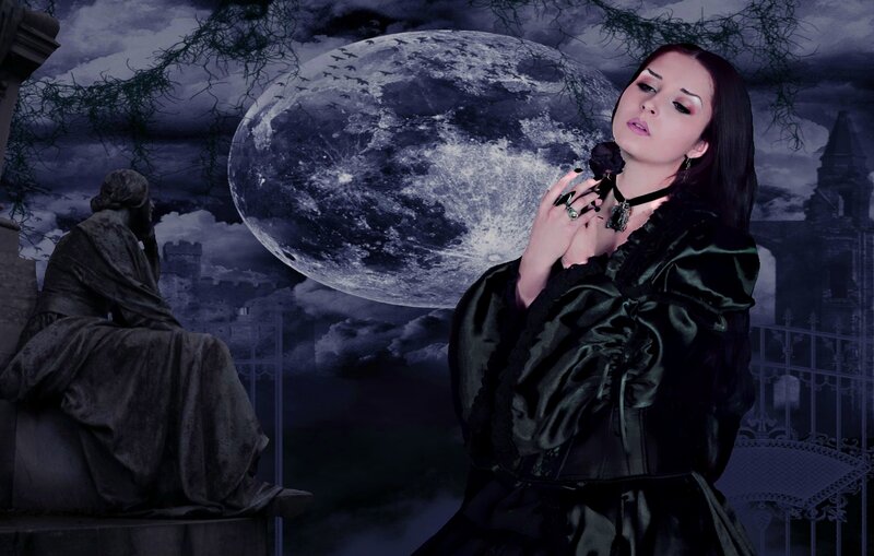 Woman in Black Dress — Gothic, Night, Digital Art, Moon