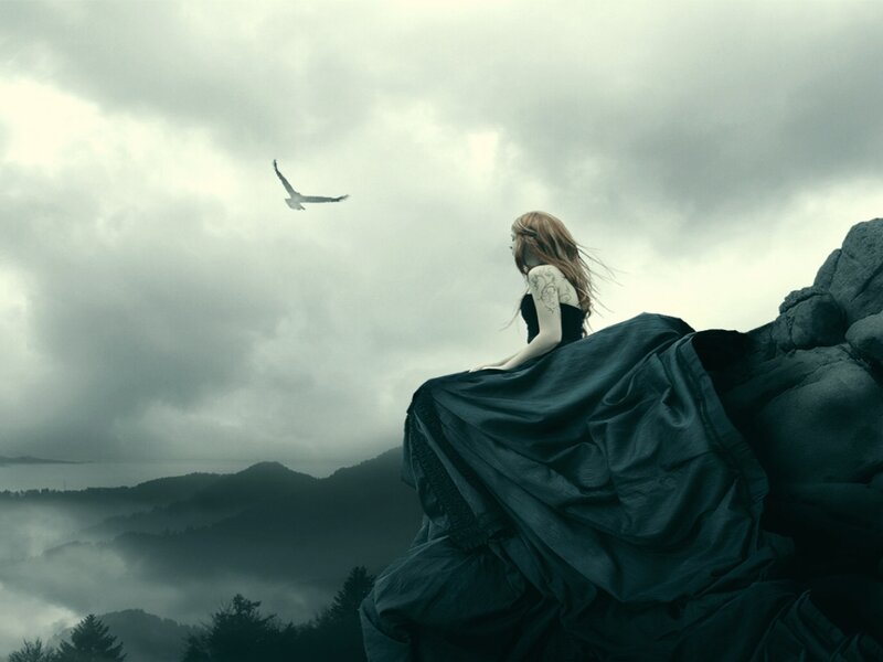 Woman in Black Dress — Gray, Dramatic, Digital Art, Bird