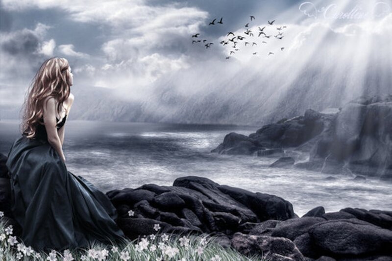 Woman in Black Dress — Gray, Dramatic, Digital Art, Birds