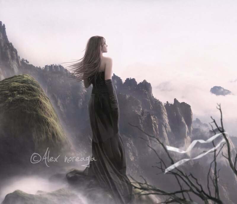 Woman in Black Dress — Gray, Dramatic, Digital Art, Mountains