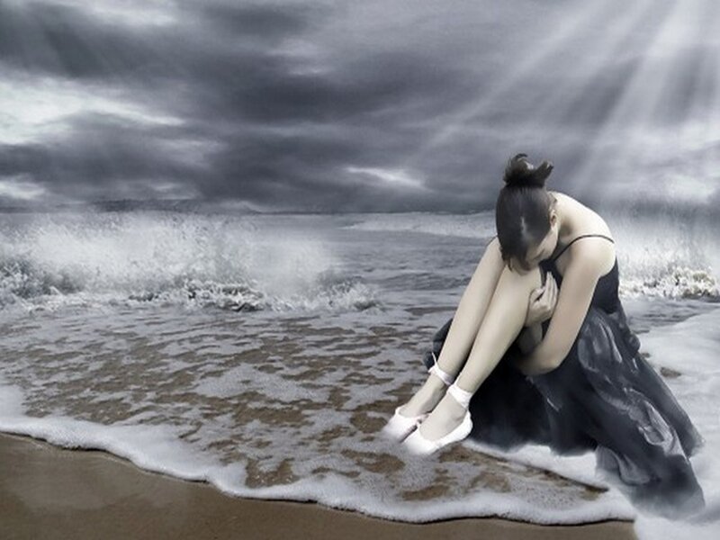Woman in Black Dress — Gray, Dramatic, Digital Art, Ocean