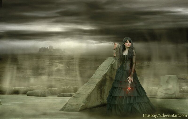 Woman in Black Dress — Gray, Dramatic, Night, Digital Art, Castle