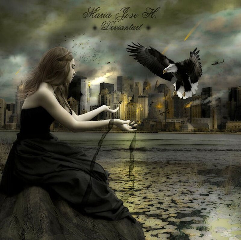 Woman in Black Dress — Gray, Dramatic, Night, Digital Art, Eagle