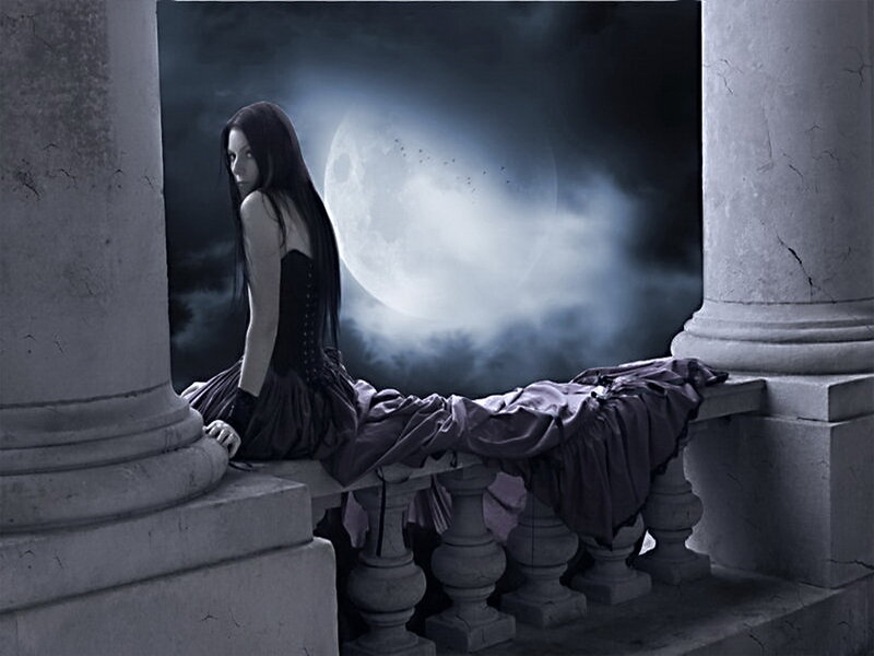 Woman in Black Dress — Gray, Dramatic, Night, Digital Art, Moon