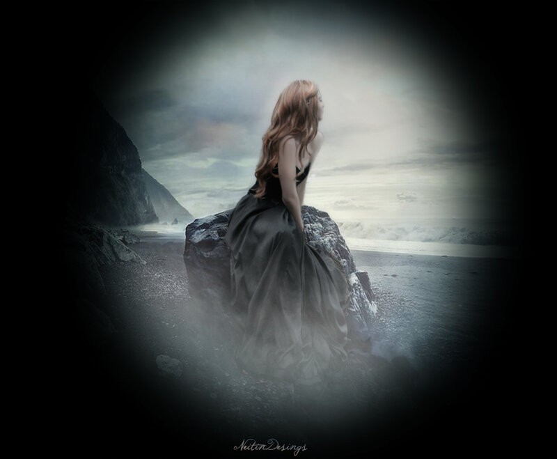 Woman in Black Dress — Gray, Dramatic, Night, Digital Art, Rocks