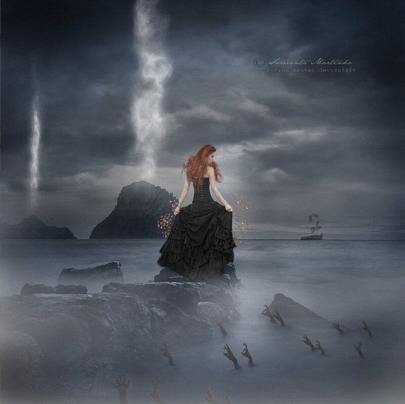 Woman in Black Dress — Gray, Dramatic, Night, Digital Art, Storm