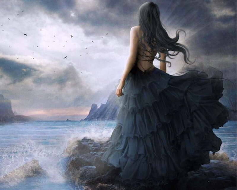 Woman in Black Dress — Gray, Dramatic, Sunset, Digital Art, Ocean