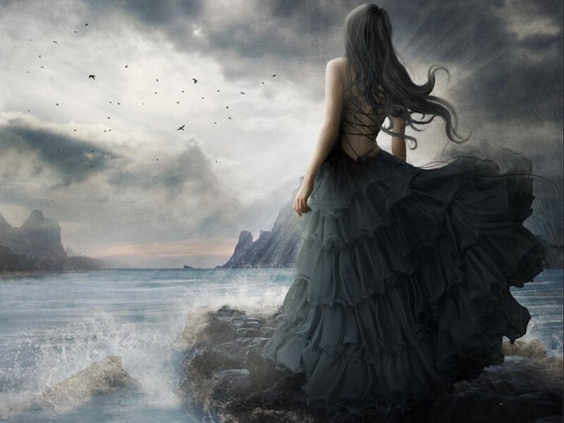 Woman in Black Dress — Gray, Dramatic, Sunset, Digital Art
