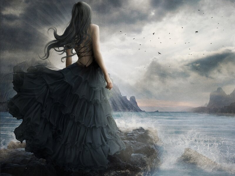 Woman in Black Dress — Gray, Dramatic, Sunset