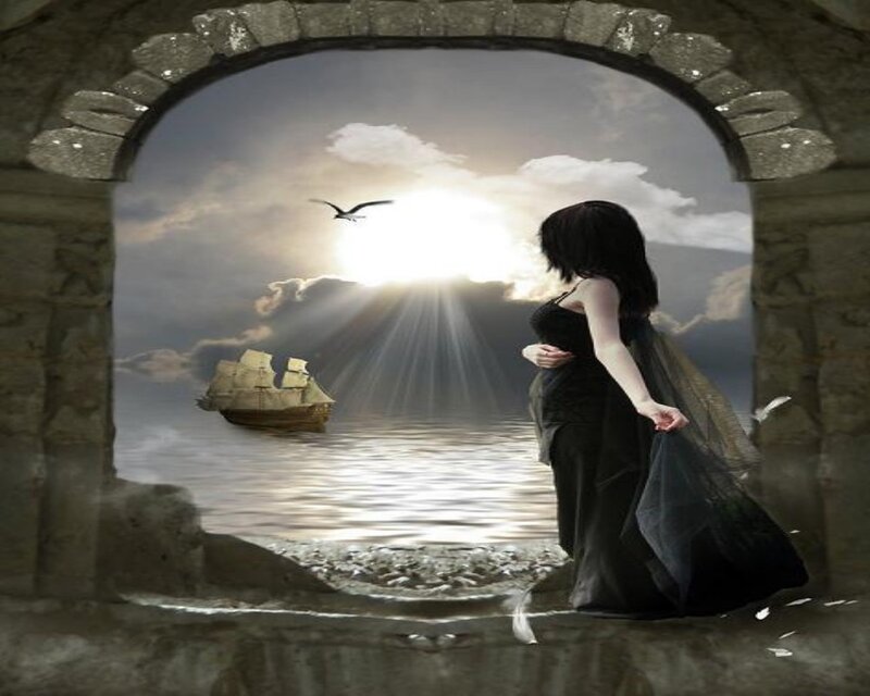 Woman in Black Dress — Gray, Dramatic