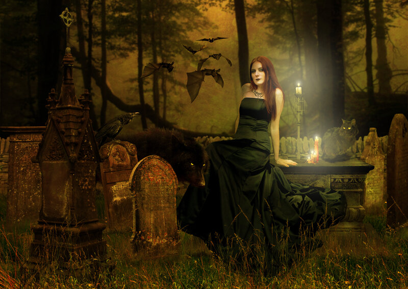 Woman in Black Dress — Green, Dark, Night