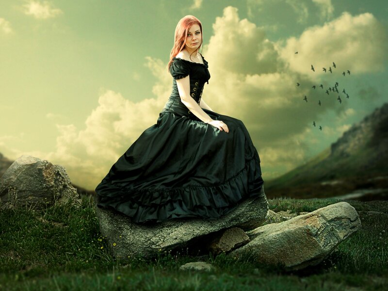 Woman in Black Dress — Green, Dramatic, Afternoon, Digital Art, Rocks