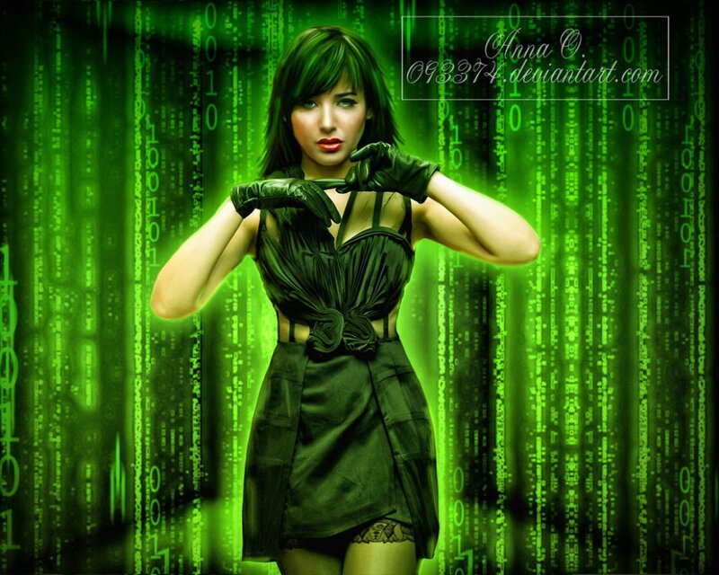 Woman in Black Dress — Green, Dramatic, Digital Art, Binary Code