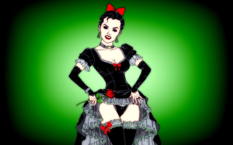 Woman in Black Dress — Green, Dramatic, Digital Art, Red Bow