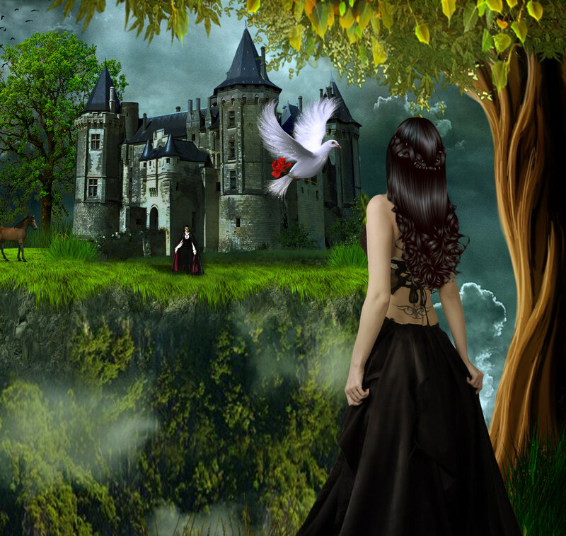 Woman in Black Dress — Green, Dramatic, Night, Digital Art, Castle