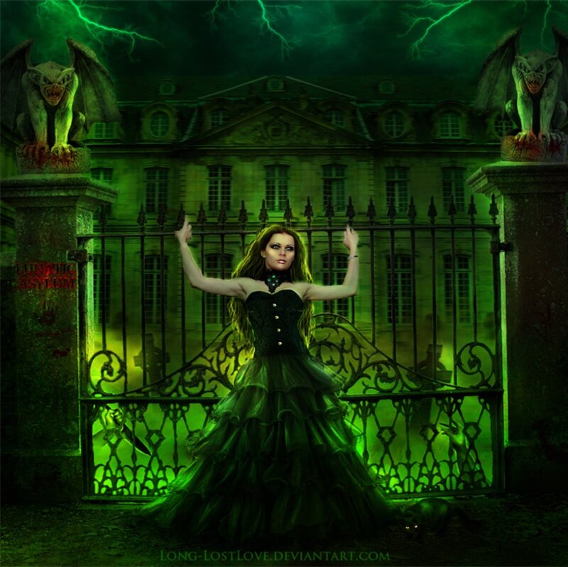 Woman in Black Dress — Green, Dramatic, Night, Digital Art, Gargoyles