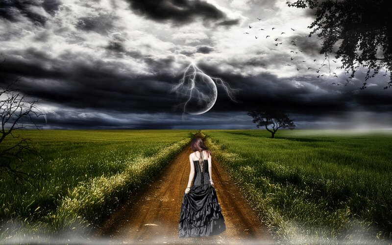 Woman in Black Dress — Green, Dramatic, Night, Digital Art, Lightning