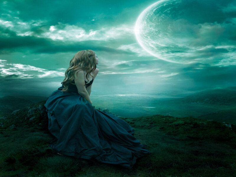 Woman in Black Dress — Green, Dramatic, Night, Digital Art, Moon, Clouds