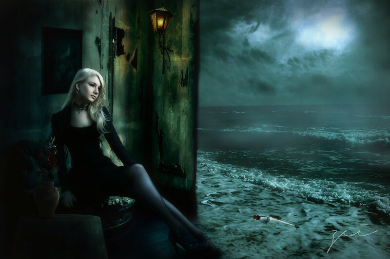 Woman in Black Dress — Green, Dramatic, Night, Digital Art, Ocean