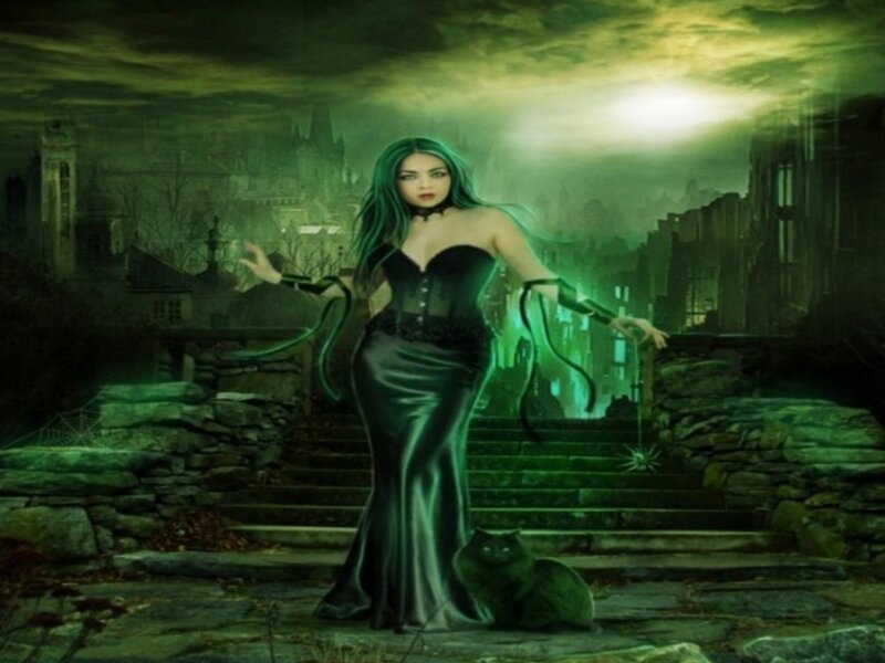 Woman in Black Dress — Green, Dramatic, Night, Digital Art