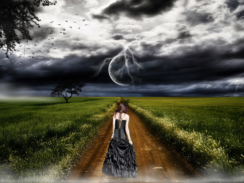 Woman in Black Dress — Green, Dramatic, Night