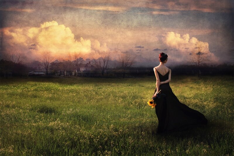 Woman in Black Dress — Green, Dramatic, Sunset, Digital Art, Field