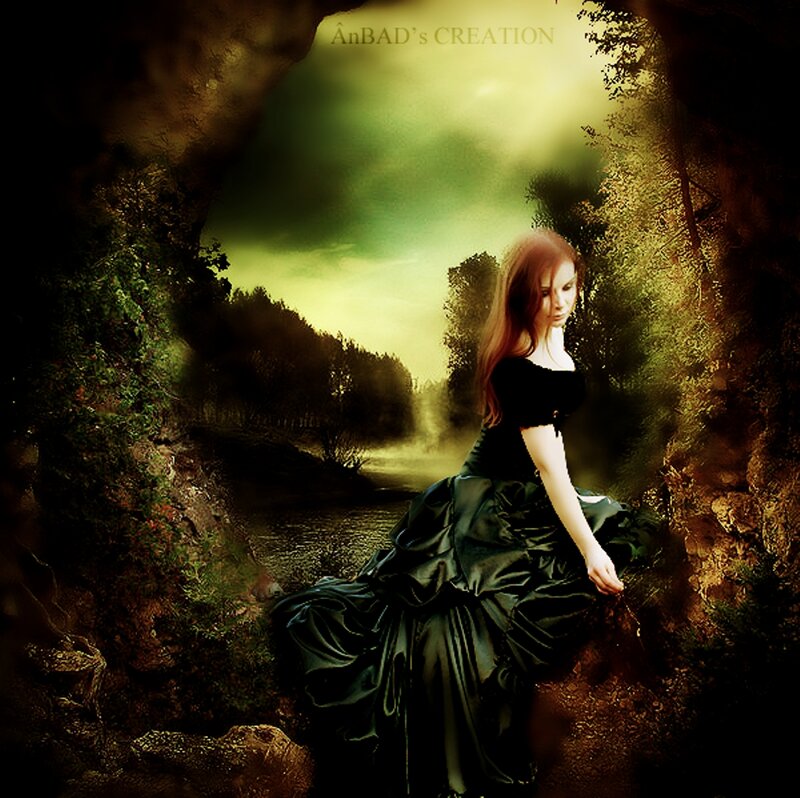 Woman in Black Dress — Green, Dramatic, Sunset, Digital Art