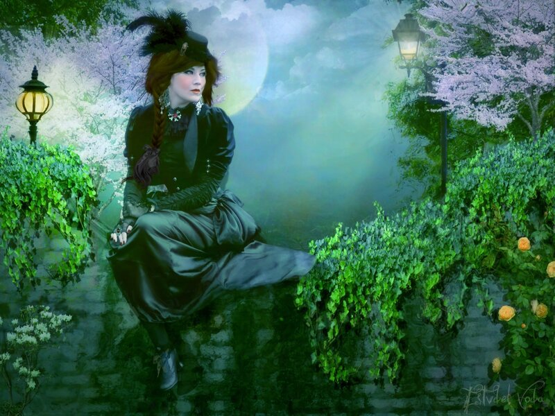 Woman in Black Dress — Green, Dreamy, Night