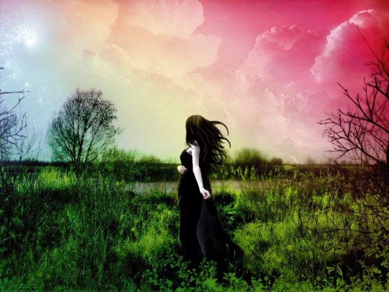 Woman in Black Dress — Green, Dreamy, Sunset