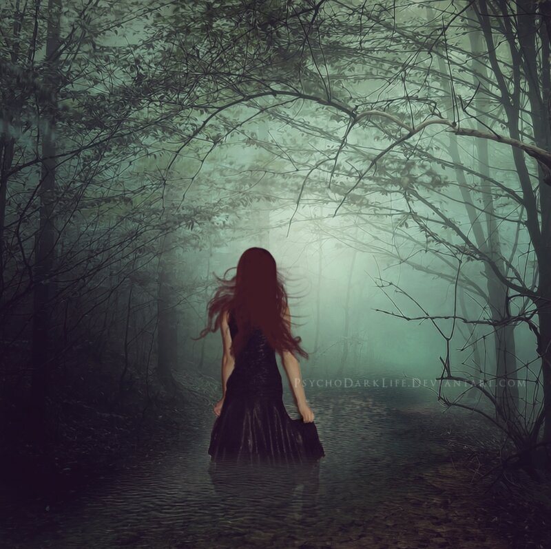 Woman in Black Dress — Green, Mysterious, Night, Digital Art, Forest, Fog