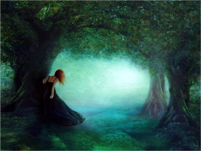 Woman in Black Dress — Green, Mysterious, Night
