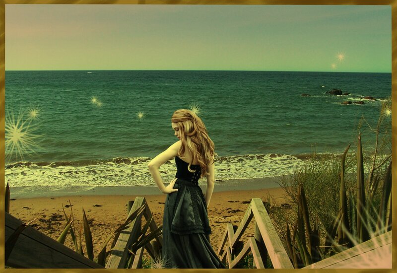 Woman in Black Dress — Green, Serene, Afternoon, Digital Art, Ocean