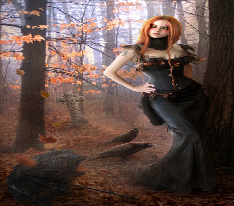 Woman in Black Dress — Mysterious, Autumn, Digital Art, Crows