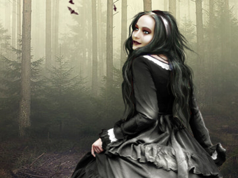 Woman in Black Dress — Mysterious, Digital Art, Forest