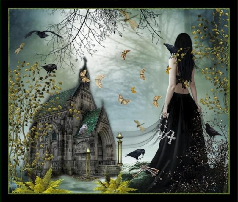 Woman in Black Dress — Mysterious, Night, Digital Art, Crows