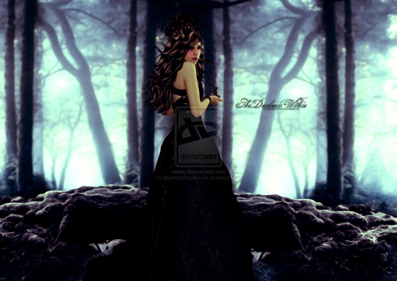 Woman in Black Dress — Mysterious, Night, Digital Art, Forest